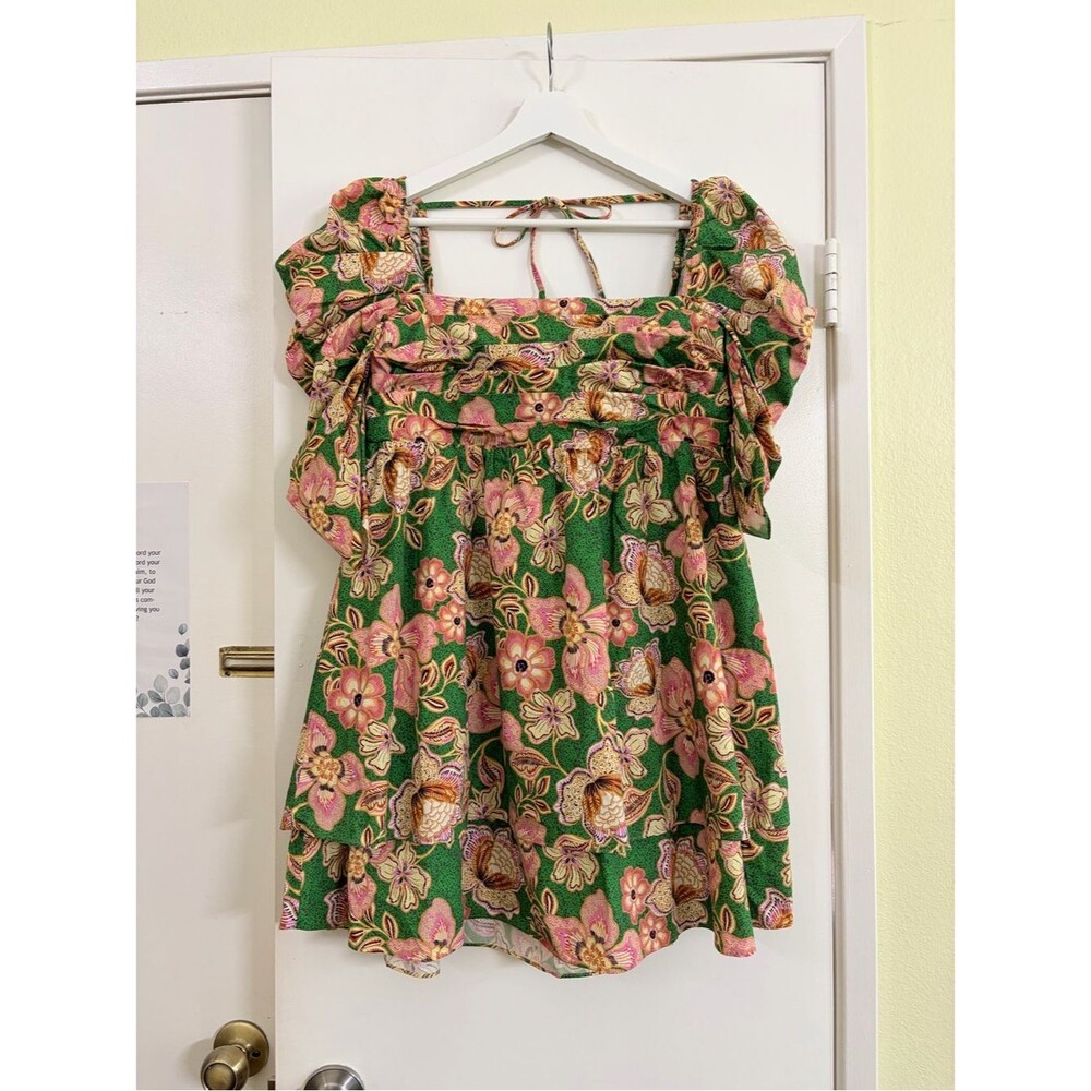 MISA Los Angeles Floral Puff Sleeve Open Back Bow Mini Dress Green Pink Size L - Picture 8 of 12